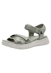 Light gray sandals with adjustable straps; soft fabric and padded sole; white rubber outsole; features logo on side and textured strap accents.
