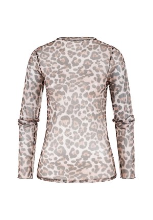 Pitkähihainen, läpikuultava leopardikuvioinen yläosa, joka esitetään takaa päin, vaaleanruskeilla ja harmailla läiskillä läpinäkyvällä kankaalla.