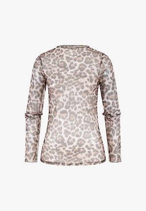 Haut à manches longues en tissu transparent à imprimé léopard, vu de dos, avec des taches marron clair et grises sur un tissu translucide.