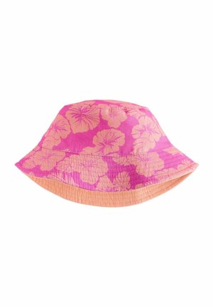 Pink bucket hat with orange hibiscus flower print and contrasting orange underside of the brim.
