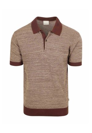 Kurzärmeliges, gestricktes Poloshirt mit braunem und beigem strukturiertem Muster, dunkelbraunem Kragen, Ärmelbündchen und Saumband.