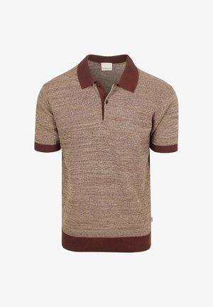 Kurzärmeliges, gestricktes Poloshirt mit braunem und beigem strukturiertem Muster, dunkelbraunem Kragen, Ärmelbündchen und Saumband.