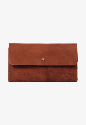 Brown leather wallet with a smooth texture, rectangular shape, and a flap closure featuring a metal snap. Engraved "HOLZRICHTER BERLIN."