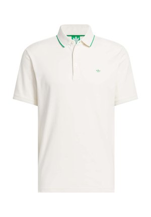 White polo shirt with green collar trim and logo on the chest. Short sleeves and traditional button placket. Made of lightweight fabric.