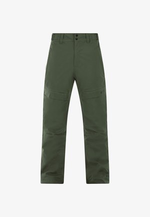 Grüne Outdoor-Hosen aus leichtem, wasserabweisendem Material mit geradem Schnitt, zwei Seitentaschen und Logodetail am Oberschenkel.