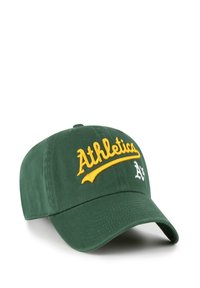 Grüne Baumwoll-Baseballmütze mit gelber, gestickter "Athletics"-Schrift und weißem "A's"-Logo auf der Vorderseite. Gewölbter Schirm aus strukturiertem Stoff.