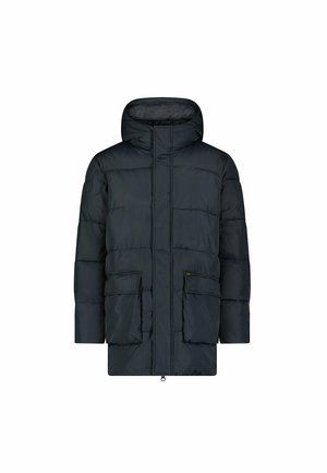 Dunkelblaue, gepolsterte Winterjacke mit Kapuze, ausgestattet mit zwei Fronttaschen, vertikalen Nahtdetails und einem Frontreißverschluss mit einer Zuglasche.