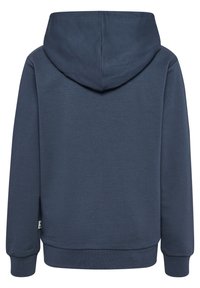 Felpa con cappuccio blu navy, maniche lunghe, polsini e fondo a costine, schiena liscia con cucitura visibile sul cappuccio.