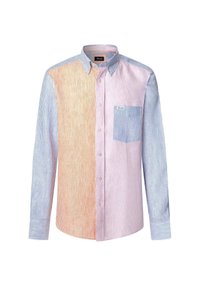 Camisa de manga larga a rayas en tonos naranja, rosa y azul, con un diseño de botones y un bolsillo en el pecho con una raya azul claro.