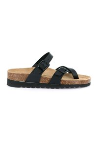 Sandalo nero con due fibbie regolabili, una soletta in sughero e una suola in gomma testurizzata. Il design presenta uno stile piatto e aperto davanti.
