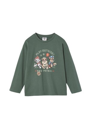 Green long-sleeve shirt featuring a "Paw Patrol" graphic with cartoon dogs. Made of soft fabric, it has a crew neck and relaxed fit.