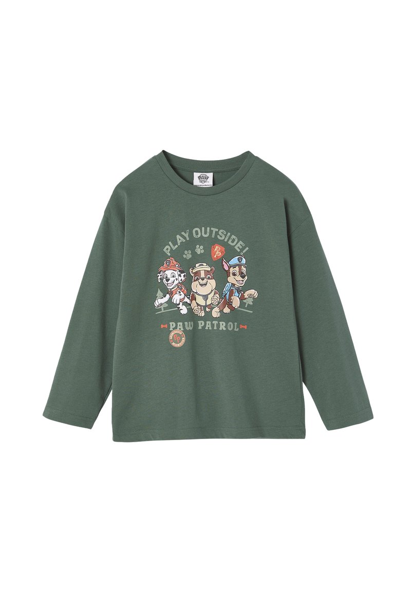 Grünes Langarmhemd mit einem "Paw Patrol"-Motiv von Cartoon-Hunden. Aus weichem Stoff gefertigt, hat es einen Rundhalsausschnitt und eine bequeme Passform.