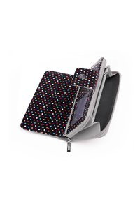 Zippered wallet in black fabric with colorful polka dots. Features multiple card slots, a clear ID pocket, and a grey lining.