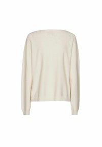 Pull en tricot à manches longues de couleur crème avec des poignets et un ourlet côtelés, présenté de dos sur un fond blanc.