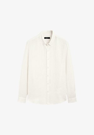 Biała, długa koszula z długim rękawem, zapinana na guziki, wykonana z lekkiej tkaniny, z pionowymi paskami, z kołnierzykiem w kształcie ostrego końca i prostym dołem.