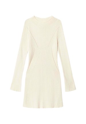 Minidress a maniche lunghe in maglia costina color crema, con cuciture curve e scollatura rotonda.