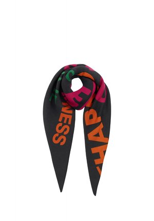 Black scarf folded in a loop with large orange, pink, and green letters forming partial words on the fabric.