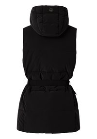 Gilet imbottito senza maniche nero con cappuccio, dotato di vita cinchata e tessuto trapuntato. Tessuto liscio e vita elastica per una vestibilità aderente.