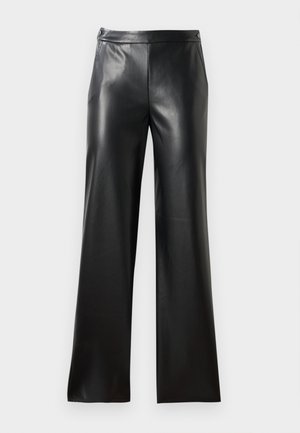 Melnas ādas plaša kāju bikses ar gludu tekstūru, priekšējām kabatām un rāvējslēdzēja aizdari. Iespējo tīru, minimālistisku dizainu.