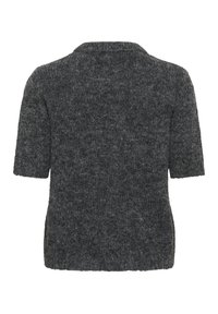 Pullover a maniche corte di colore grigio scuro realizzato in un tessuto morbido e testurizzato. Presenta un colletto classico e una vestibilità rilassata, senza decorazioni.