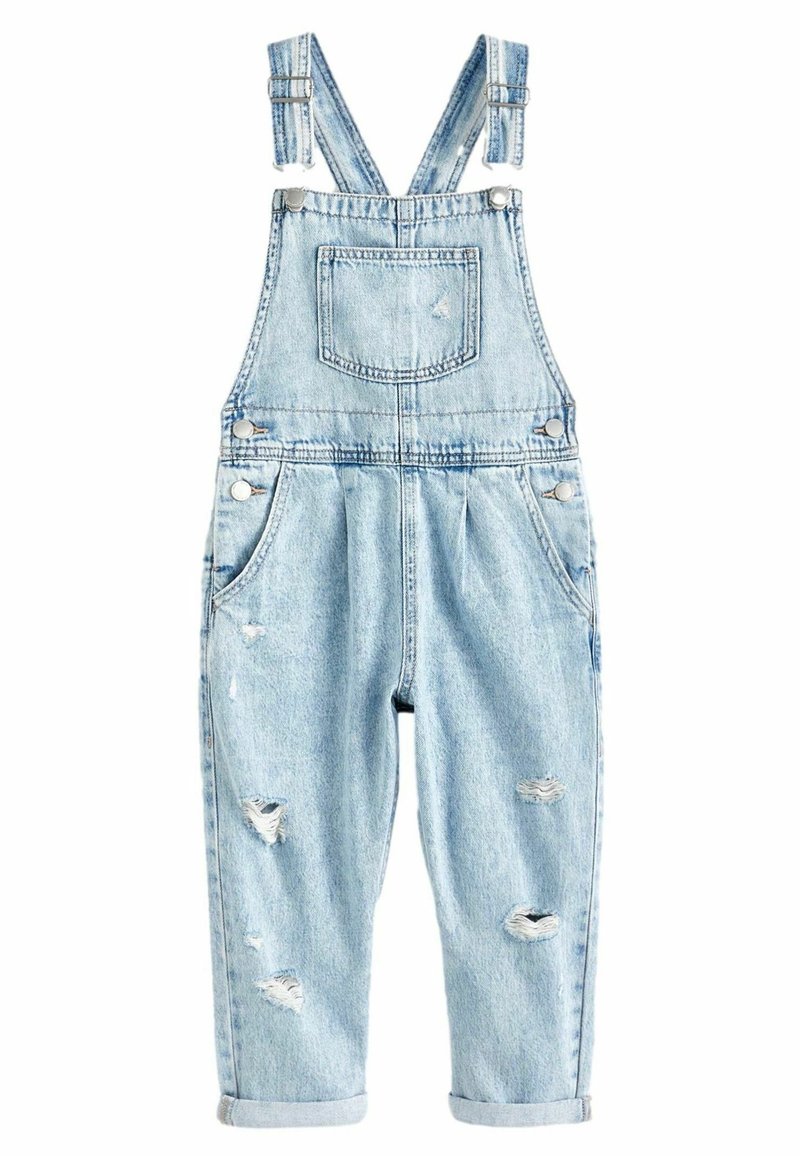 Salopette en denim bleu clair avec bretelles ajustables, poche avant et détails usés. Coupe décontractée avec revers roulés.