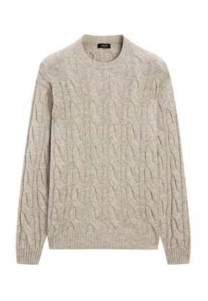 Hellgrauer Kabelstrickpullover mit Rundhalsausschnitt, aus einem weichen, strukturierten Stoff gefertigt. Mit gerippten Bündchen und Saumdetails.