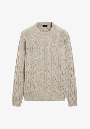 Světlé šedé svetr s pleteným vzorem a kulatým výstřihem, vyrobený z měkké texturované látky. Obsahuje žebrované manžety a detaily lemování.