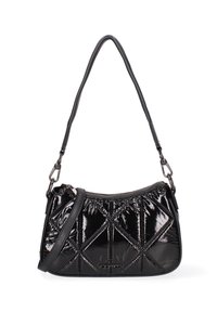 Borsa a mano in pelle verniciata nera con motivo a diamante trapuntato, tracolla regolabile e chiusura con zip. Design elegante e compatto con finitura lucida.