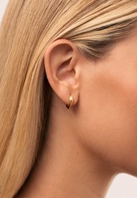 Pendiente de aro dorado con un diseño elegante y curvado. Presenta una superficie lisa y un pequeño acento claro. Llevado en un tono de piel claro.