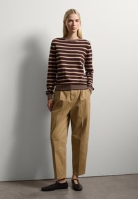 Maglione a righe marroni e beige con polsini a costine, abbinato a pantaloni beige con pieghe. Ballerine nere dal design minimalista su un pavimento grigio.