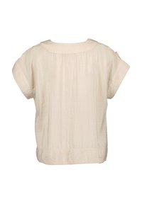 Top beige a maniche corte con una vestibilità morbida, caratterizzato da un colletto rotondo e un tessuto testurizzato, leggermente stropicciato. Nessun hardware visibile.