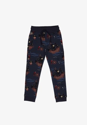 Navy blue pajama pants featuring a pirate ship pattern, crafted from soft fabric with an elastic waistband and adjustable drawstring.