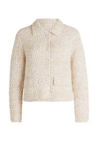 Veste courte de couleur crème, texturée, avec un col, cinq boutons et deux poches avant. Fabriquée à partir d'un matériau doux et pelucheux.