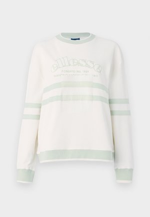 Biely rebrovaný sveter s jemne zelenými akcentmi. Má okrúhly výstrih, dlhé rukávy a stredové logo s horizontálnymi pruhmi.