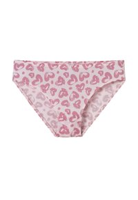 Baumwollbikini in zartem Rosa mit einem Herzmuster in dunklerem Rosa. Mid-Rise-Design, glatte Textur und elastischer Bund.