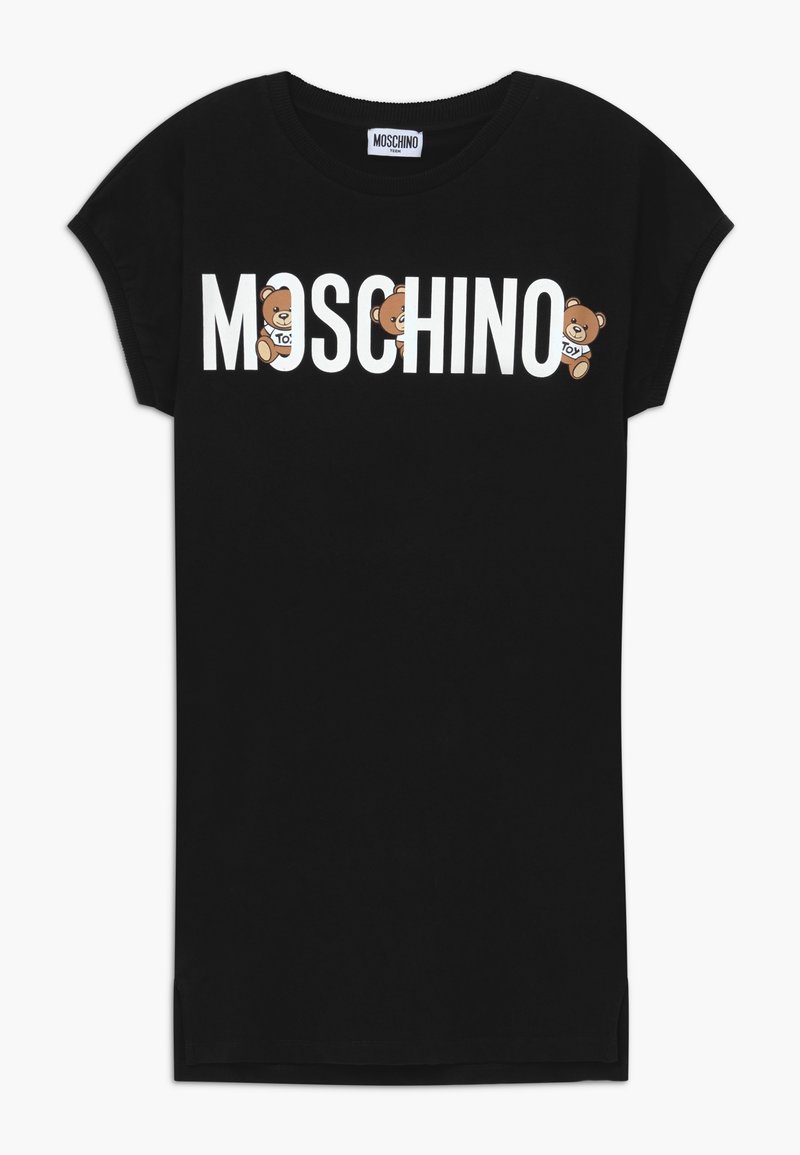 Černé bavlněné tričko s bílým logem "MOSCHINO" a hnědými kreslenými medvědy integrovanými do textu. Krátké rukávy a uvolněný střih.
