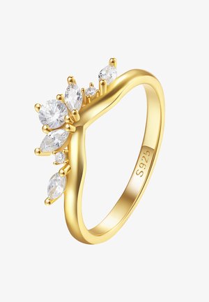 Anello color oro con un design floreale che presenta diverse pietre preziose trasparenti, incluse forme rotonde e marquise, montate su una fascia liscia.