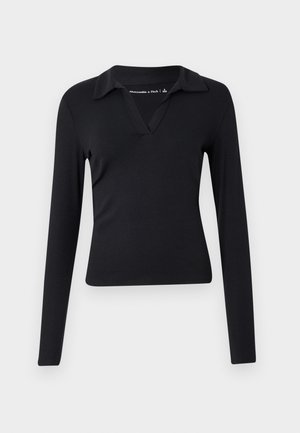 Black, long-sleeved top with a V-neck and collar design. Made of smooth fabric, fitted shape, and minimalistic style without patterns.
