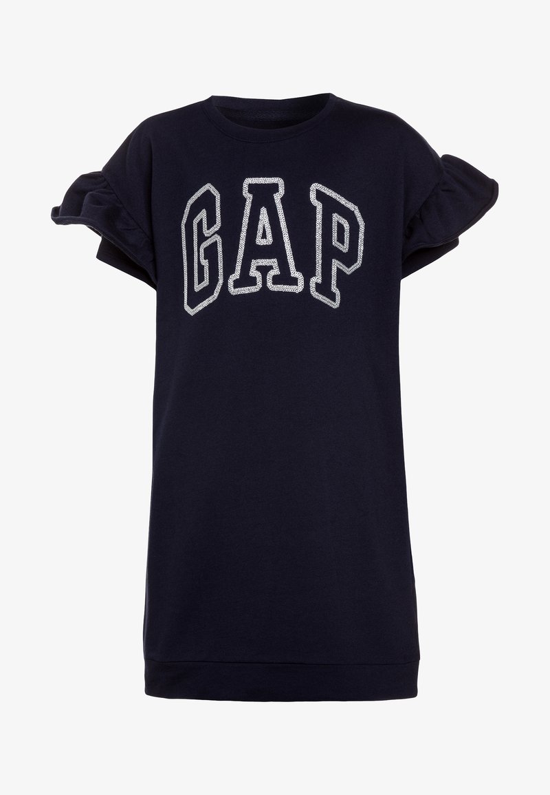 Robe bleu marine à manches courtes avec manches à volants et grandes lettres blanches contours "GAP" sur la poitrine.
