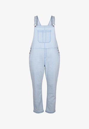 Gli salopette in denim azzurro chiaro presentano bretelle regolabili, una tasca frontale, dettagli con bottoni laterali e una vestibilità comoda con gambe affusolate.
