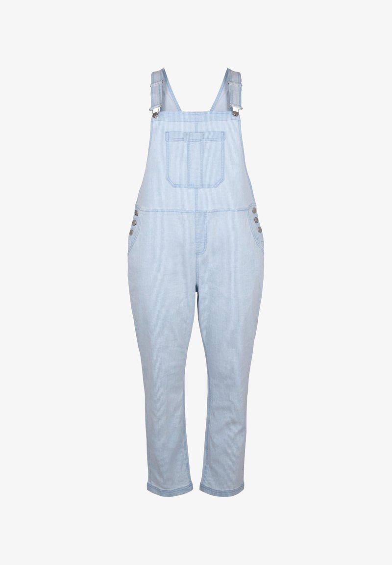 Los overoles de denim azul claro cuentan con tirantes ajustables, un bolsillo frontal, acentos de botones laterales y un corte relajado con piernas ajustadas.