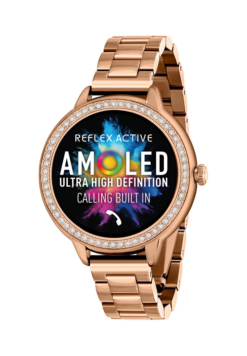 Smartwatch in oro rosa con cinturino in metallo, display AMOLED rotondo, sfondo nero, testo colorato e accenti simili a diamanti attorno al quadrante.