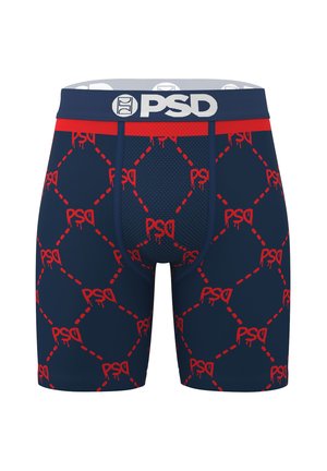 Marineblaue Boxer-Shorts mit rotem Grafikmuster und wiederholten "PSD"-Logos; elastischer Bund mit Branding. Mesh-Textur vorne.