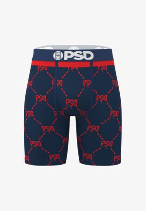 Marineblaue Boxer-Shorts mit rotem Grafikmuster und wiederholten "PSD"-Logos; elastischer Bund mit Branding. Mesh-Textur vorne.