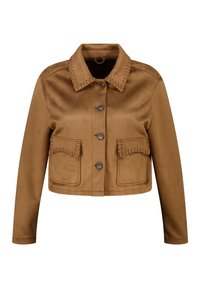 Veste courte marron avec une texture lisse semblable au daim. Dotée d'un col, d'une fermeture à boutons, et de deux poches frontales avec des surpiqûres décoratives.