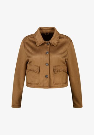 Bruine cropped jas met een gladde, suède-achtige textuur. Voorzien van een kraag, knoopsluiting en twee voorzakken met decoratieve stiksels.