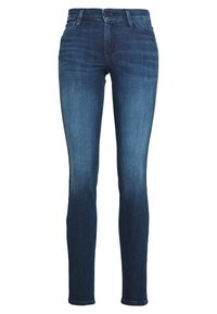 Tummansiniset skinny-farkut, joissa on denimkangasta, keskikorkea vyötärö, klassinen viiden taskun muotoilu ja hienovarainen haalistuminen tummasta vaaleaan.