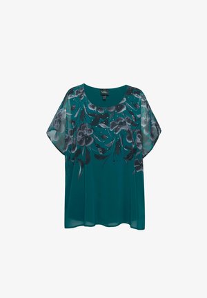 Teal, luchtige blouse met bloemenprint in grijs en zwart. Kenmerkt zich door korte mouwen en een ronde halslijn, gemaakt van lichte stof.