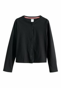 Black long-sleeve button-up cardigan with round neckline and pink inner collar detail, displayed on a white background.