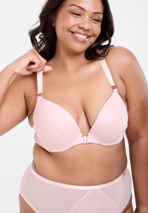 Light pink push-up bra with smooth fabric, adjustable straps, and front clasp. Features rose gold accents and a matching sheer brief.